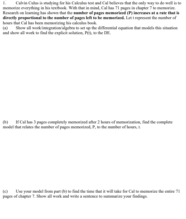 Solved 1. Calvin Culus is studying for his Calculus test and