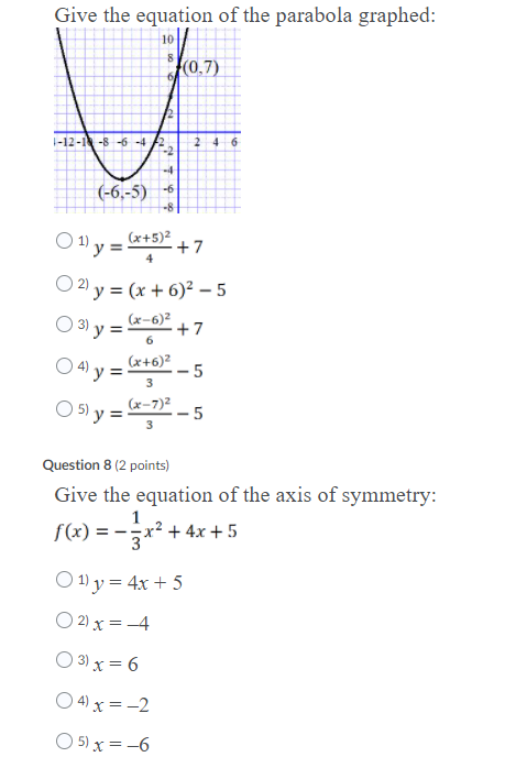 Solved Give The Equation Of The Parabola Graphed 7 2 2 Chegg Com