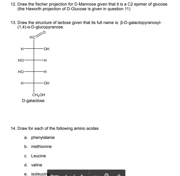 Solved 12. Draw the fischer projection for D-Mannose given | Chegg.com