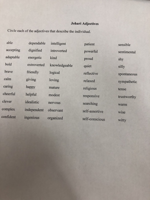 Johari Adjectives Circle each of the adjectives that | Chegg.com ...