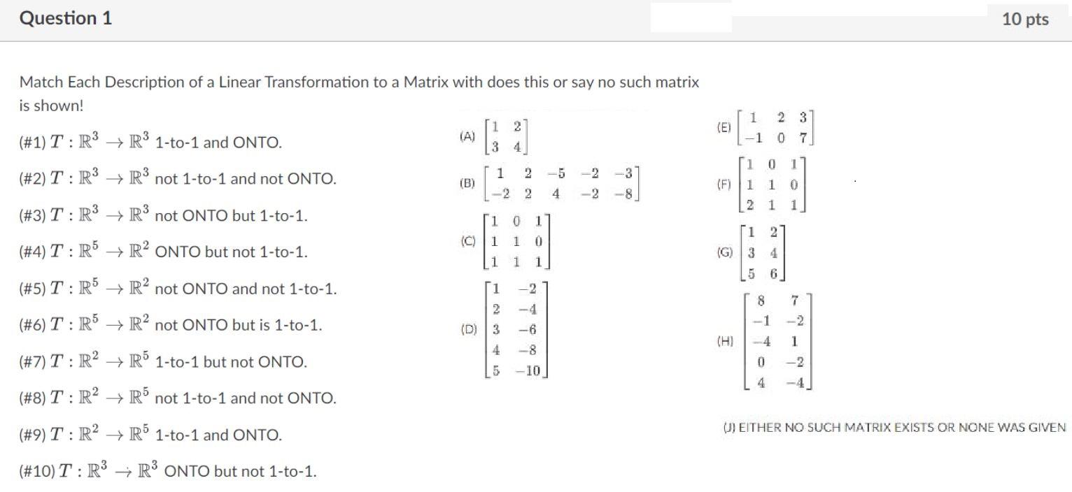Solved Match each description of a Linear Transformation to | Chegg.com