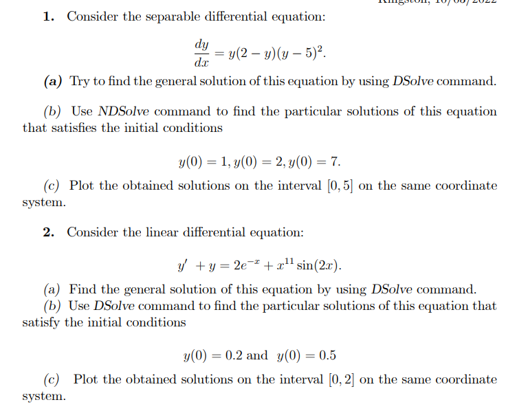 Solved 1. Consider the separable differential equation: | Chegg.com
