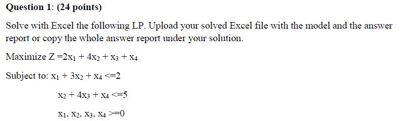 Solved Question 1: (24 points) Solve with Excel the | Chegg.com