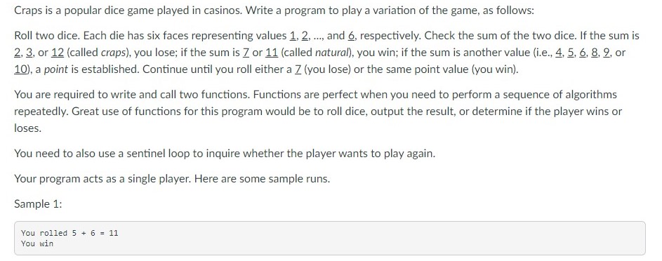 Solved Craps is a popular dice game played in casinos Write Chegg com