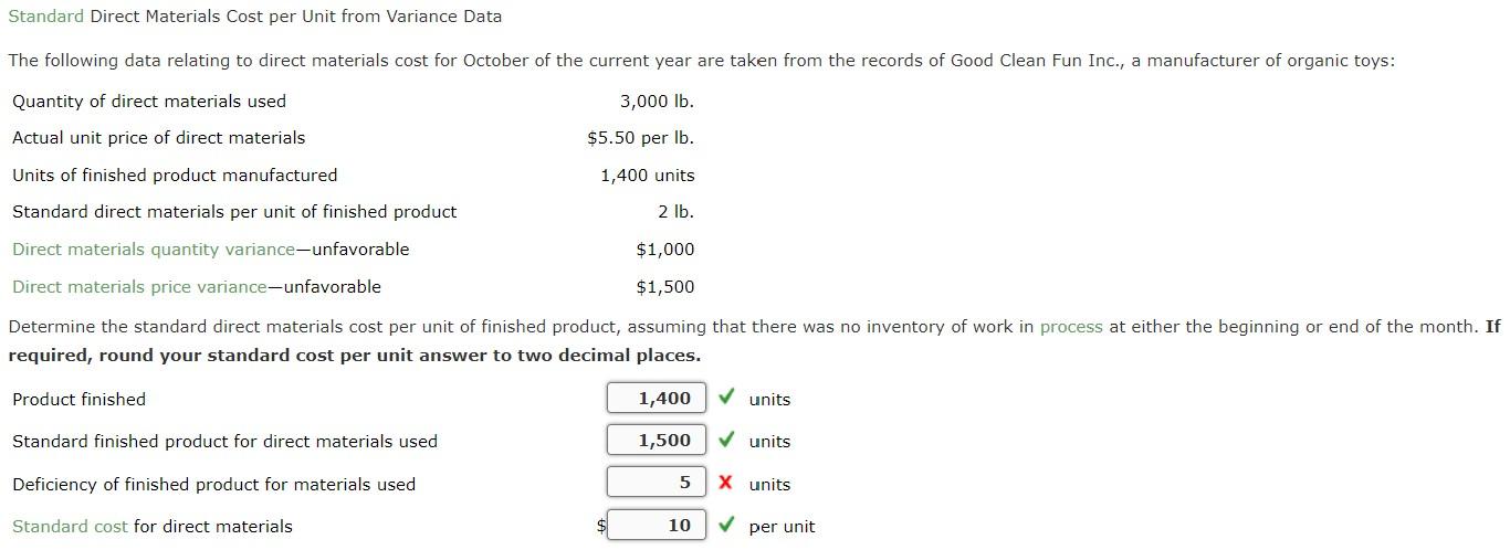 Solved Standard Direct Materials Cost per Unit from Variance | Chegg.com