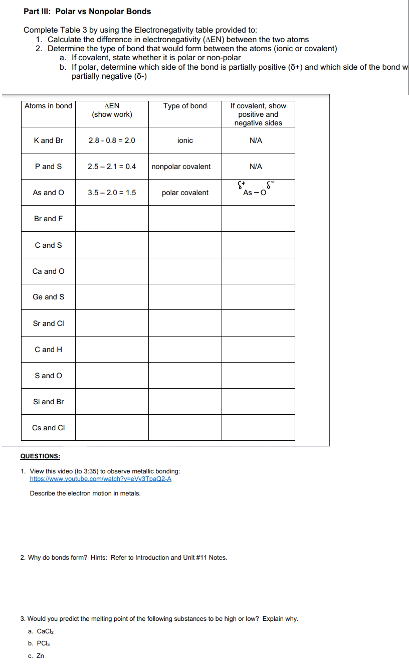 Solved Part III: Polar vs Nonpolar Bonds Complete Table 3 by | Chegg.com