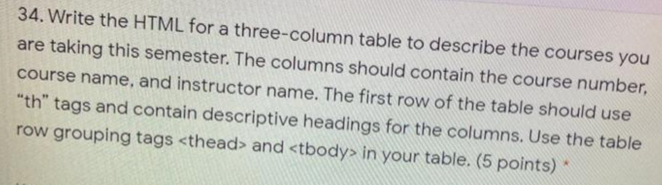 Solved 34. Write the HTML for a three-column table to | Chegg.com