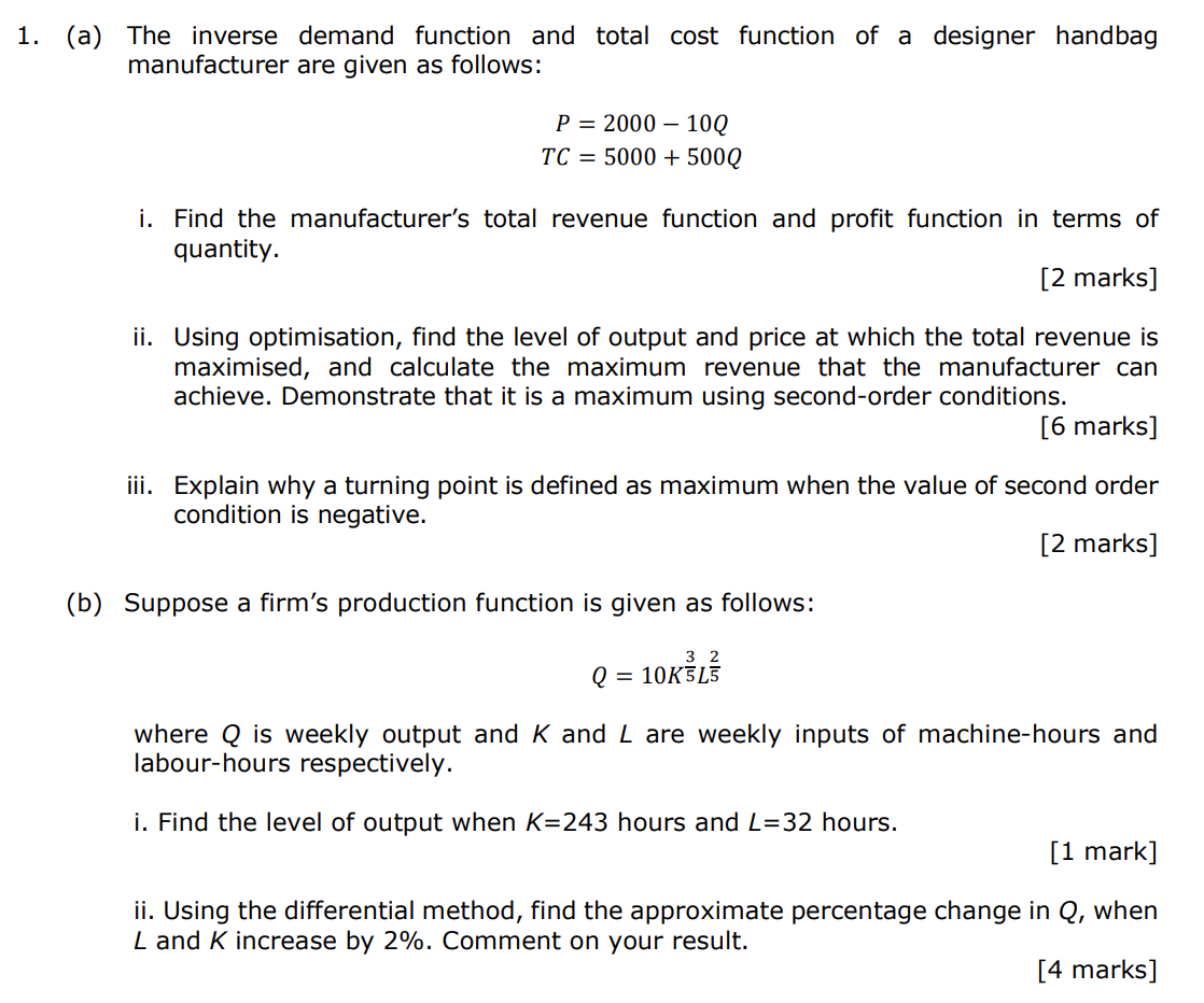 Solved 1. (a) The inverse demand function and total cost | Chegg.com