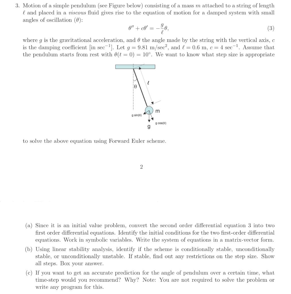 Solved 3. Motion of a simple pendulum (see Figure below) | Chegg.com