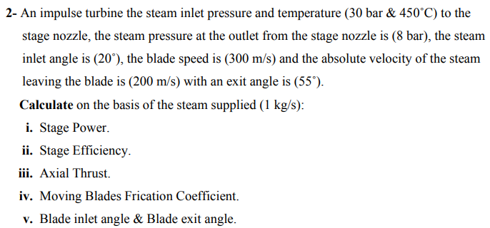 Solved 2- An impulse turbine the steam inlet pressure and | Chegg.com