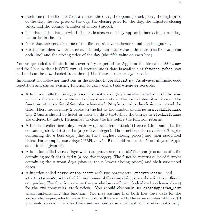 Problem 3 [30 points ] Correlating Stock Data | Chegg.com