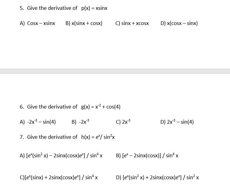 derivative of sinx xcosx xsinx cosx