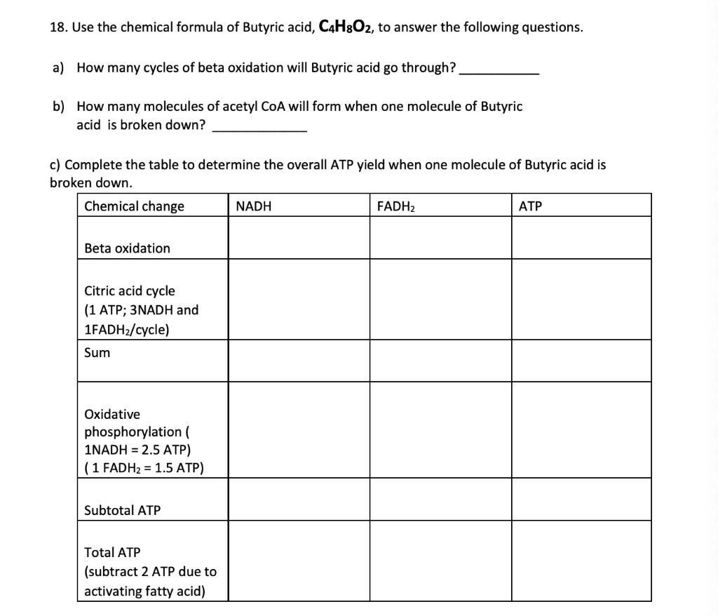 Solved 18. Use the chemical formula of Butyric acid, C4H8O2, | Chegg.com