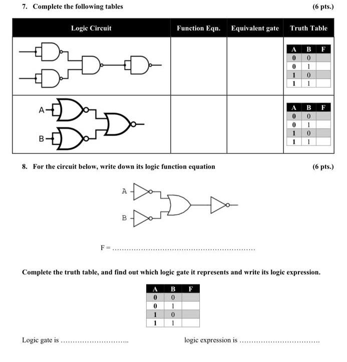 Solved 7. Complete the following tables (6 pts.) Logic | Chegg.com