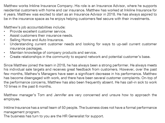 Solved Matthew works Inkline Insurance Company. His role is | Chegg.com