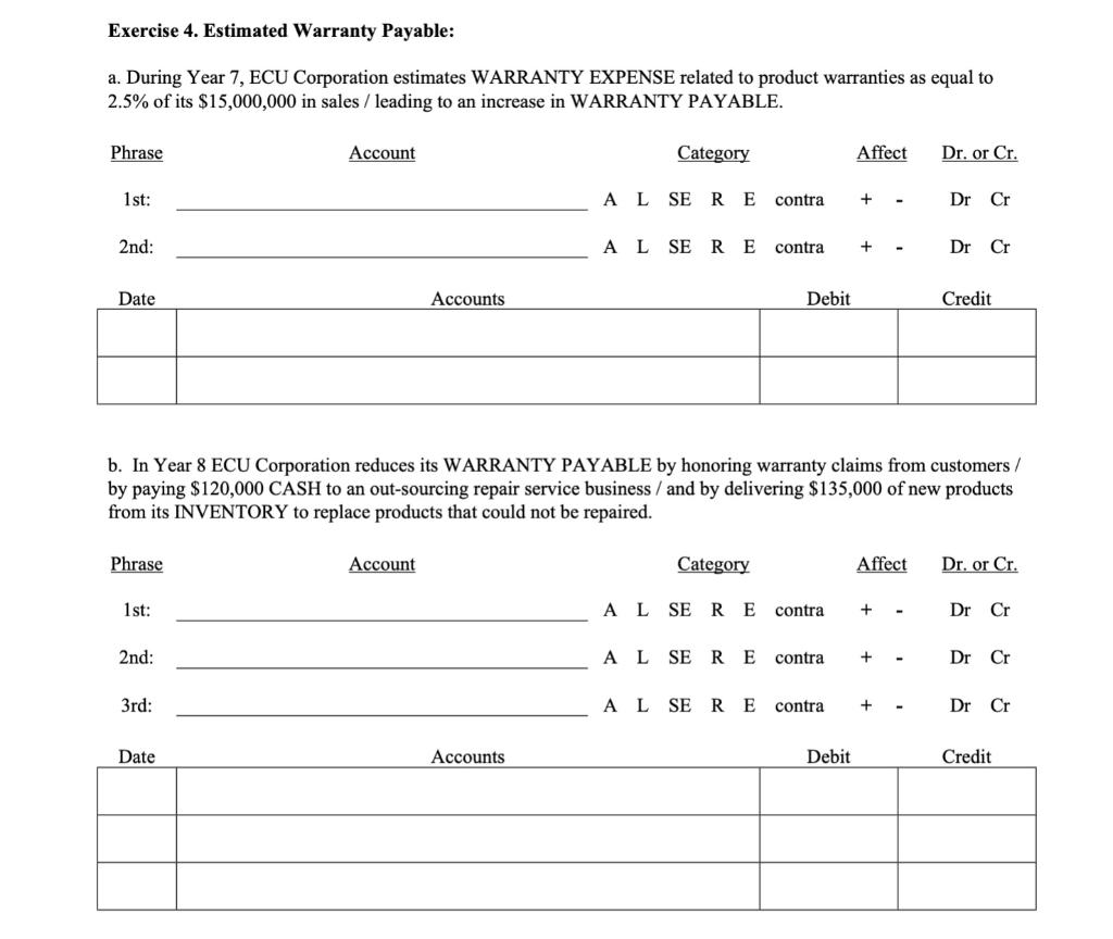 Solved Exercise 4. Estimated Warranty Payable a. During