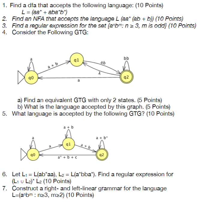 (Solved) : 1 Find Dfa Accepts Following Language 10 Points L Aa Aba B 2 ...