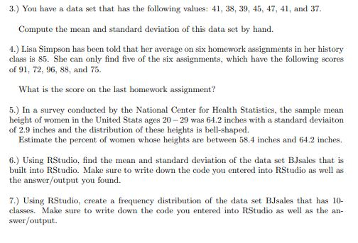 Solved 3.) You have a data set that has the following | Chegg.com