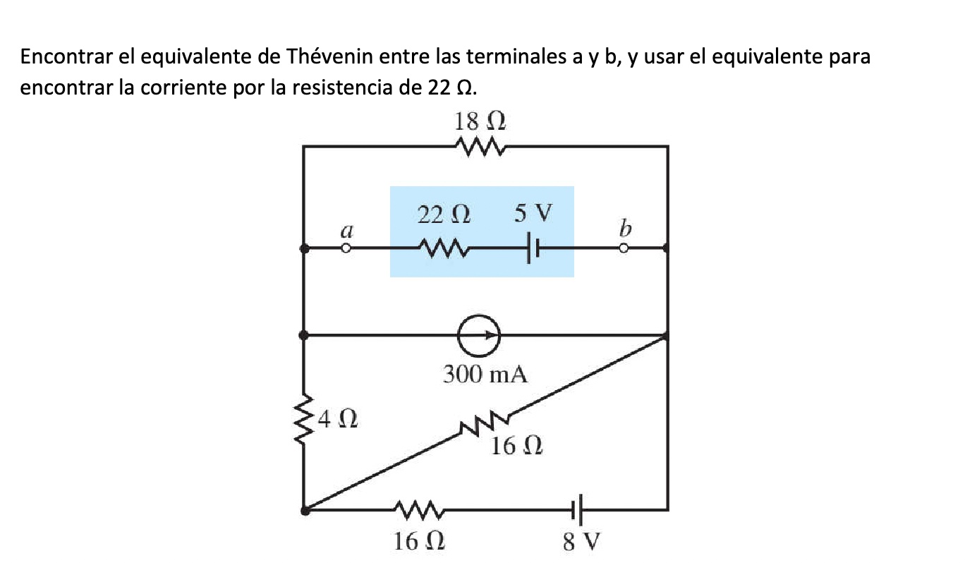 Encontrar el equivalente de Thévenin entre las terminales \( a \) y \( b \), y usar el equivalente para encontrar la corrient