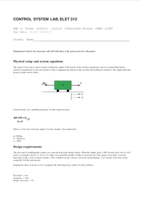 Solved CONTROL SYSTEM LAB, ELET 312 LAB : Cruise Contzol: | Chegg.com