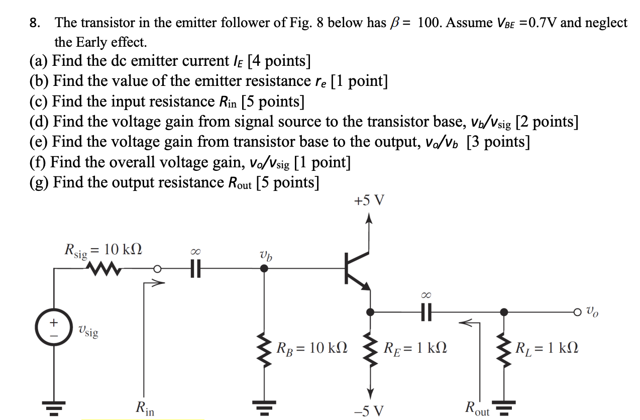 Solved 8. The transistor in the emitter follower of Fig. 8 | Chegg.com