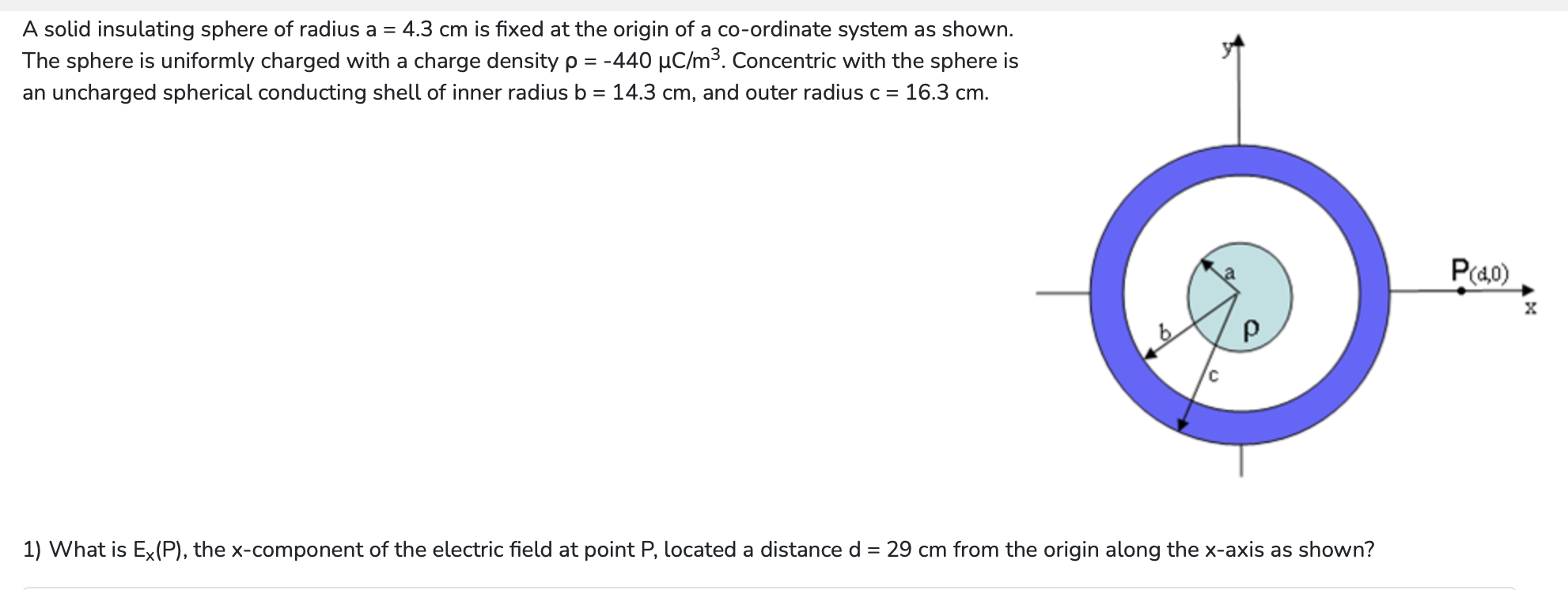 Solved A solid insulating sphere of radius a=4.3 cm is fixed | Chegg.com