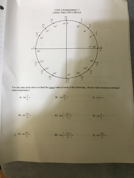 Solved UNIT 6 WORKSHEET 7 USING THE UNIT CIRCLE 3or 120° 210 | Chegg.com