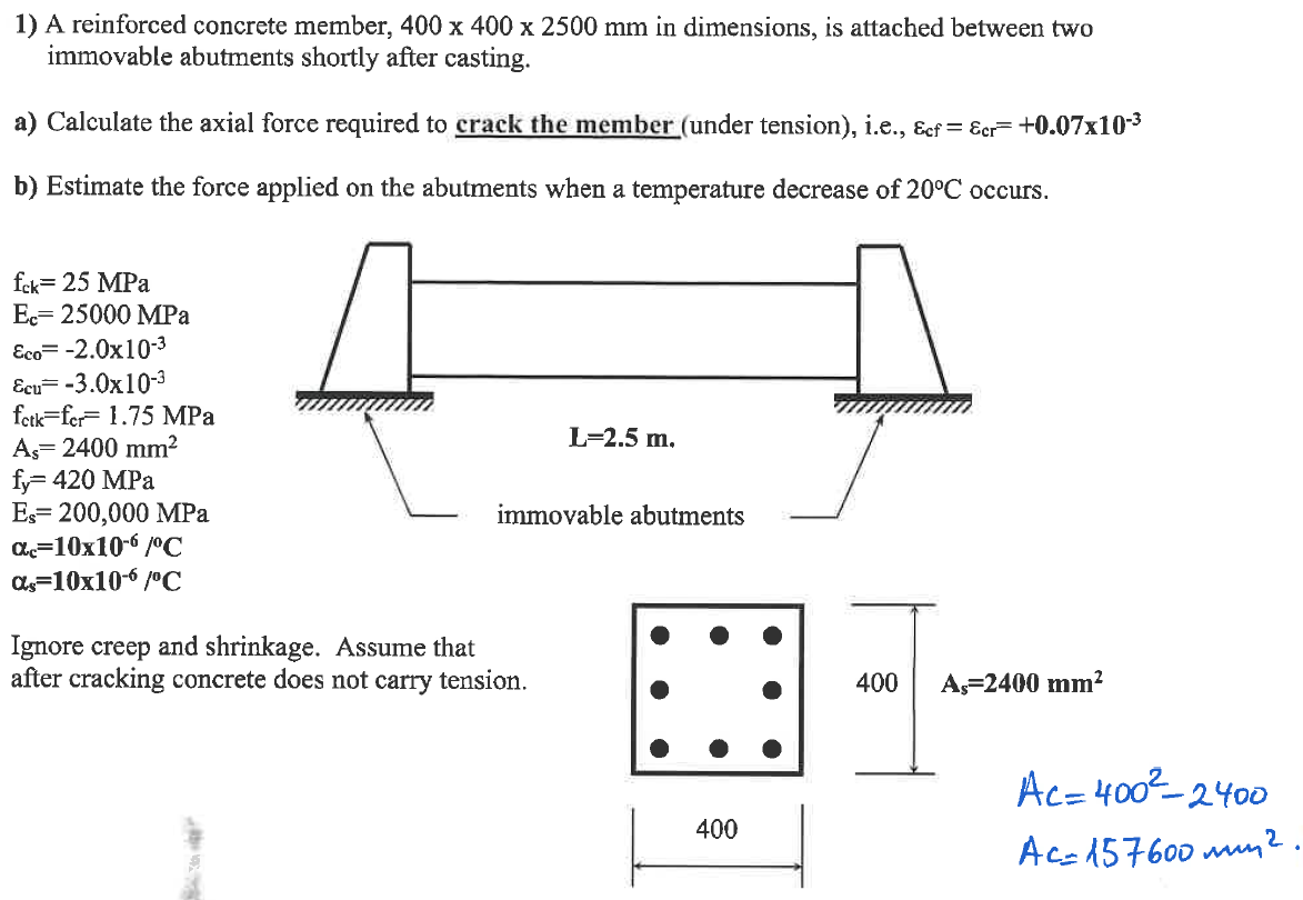 Solved 1) A reinforced concrete member, 400×400×2500 mm in | Chegg.com