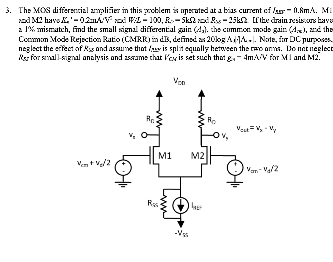 Solved The MOS differential amplifier in this problem is | Chegg.com