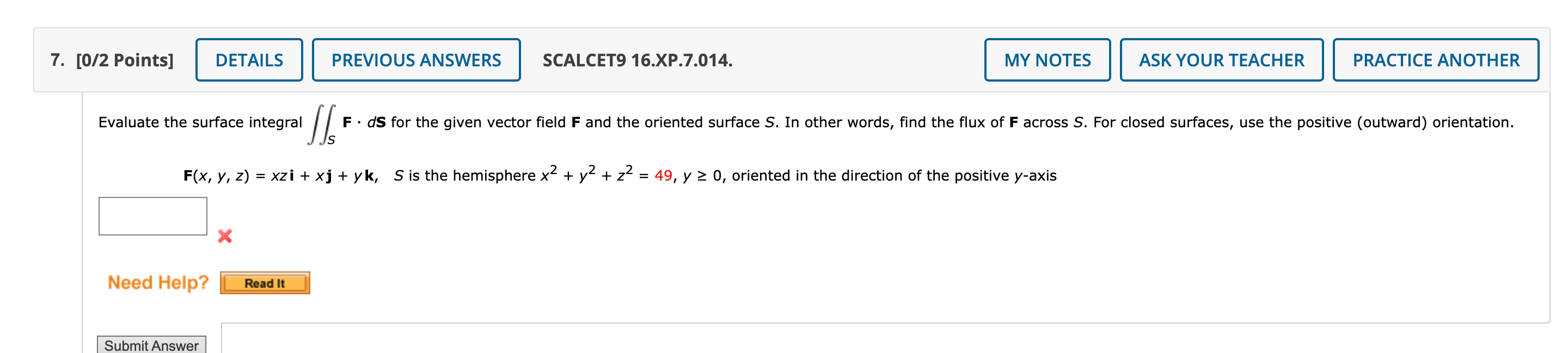 Solved /2 Points] SCALCET9 16.XP.7.014. Evaluate the surface | Chegg.com