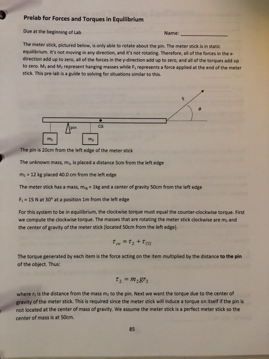Solved Prelab for Forces and Torques in Equilibrium Due at