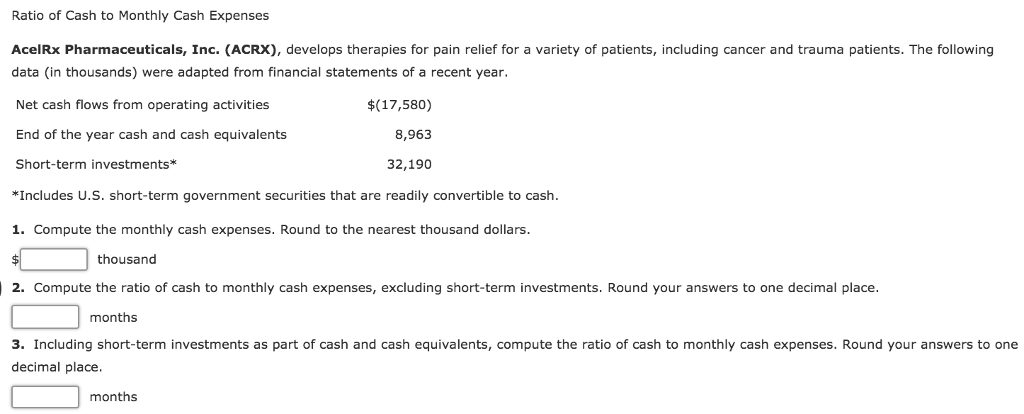Solved Ratio of Cash to Monthly Cash Expenses AcelRx | Chegg.com