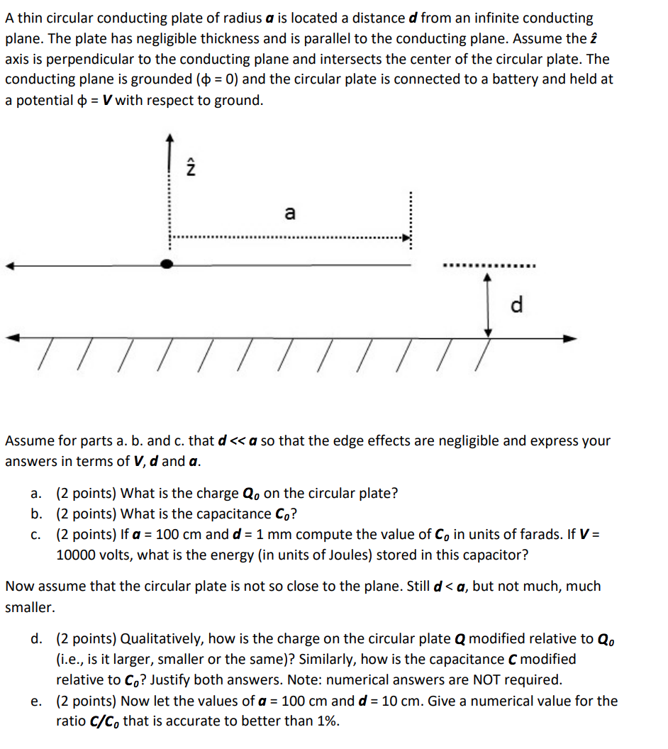 Solved A thin circular conducting plate of radius a is | Chegg.com