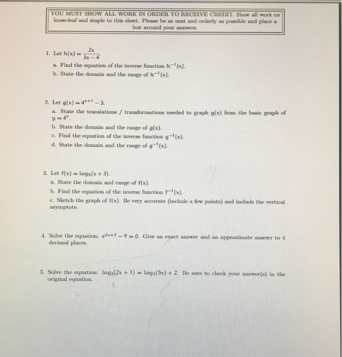 Solved YOU MUST SHOW ALL WORK IN ORDER TO RECEIVE CREDIT. | Chegg.com