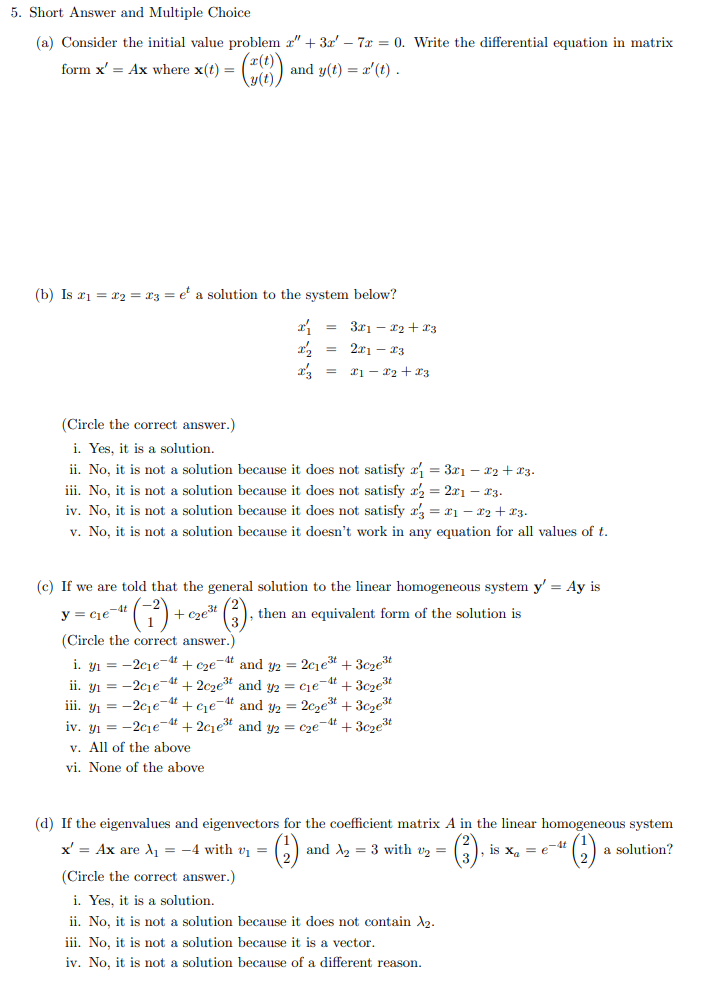 Solved 5. Short Answer and Multiple Choice (a) Consider the | Chegg.com