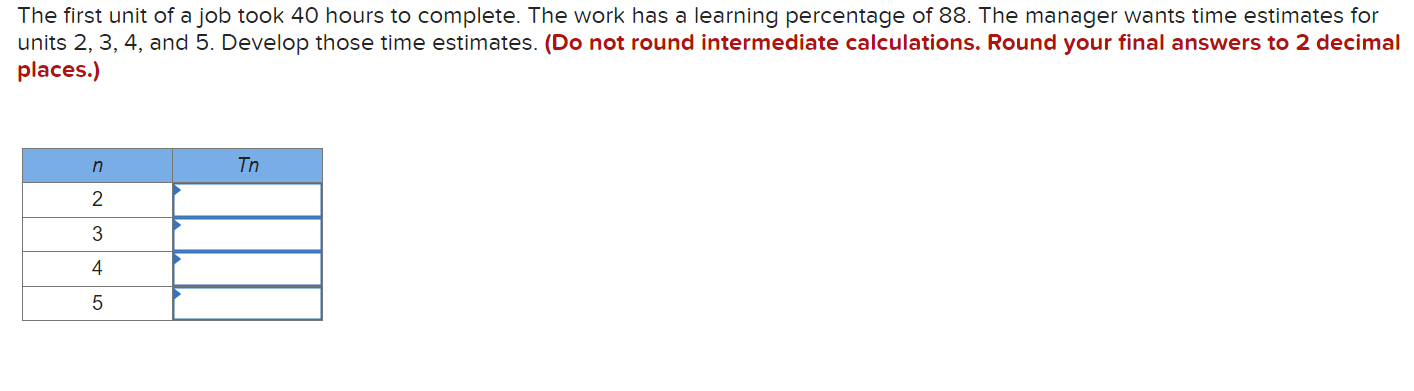 Solved The first unit of a job took 40 hours to complete. | Chegg.com