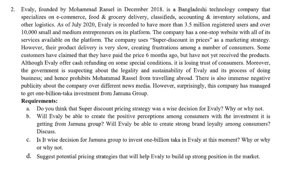 Solved 2. Evaly, founded by Mohammad Rassel in December | Chegg.com