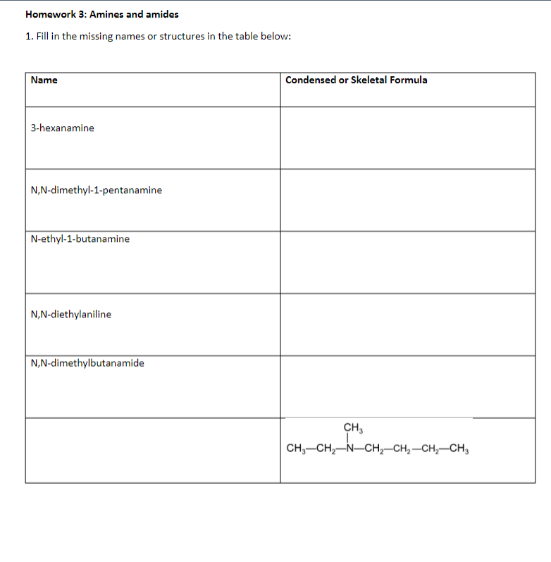 Solved Homework 3: Amines and amides 1. Fill in the missing | Chegg.com