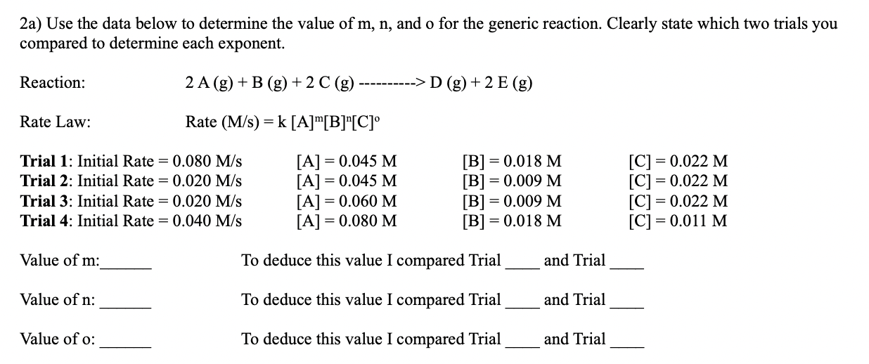 Solved 2a) Use the data below to determine the value of m,n, | Chegg.com