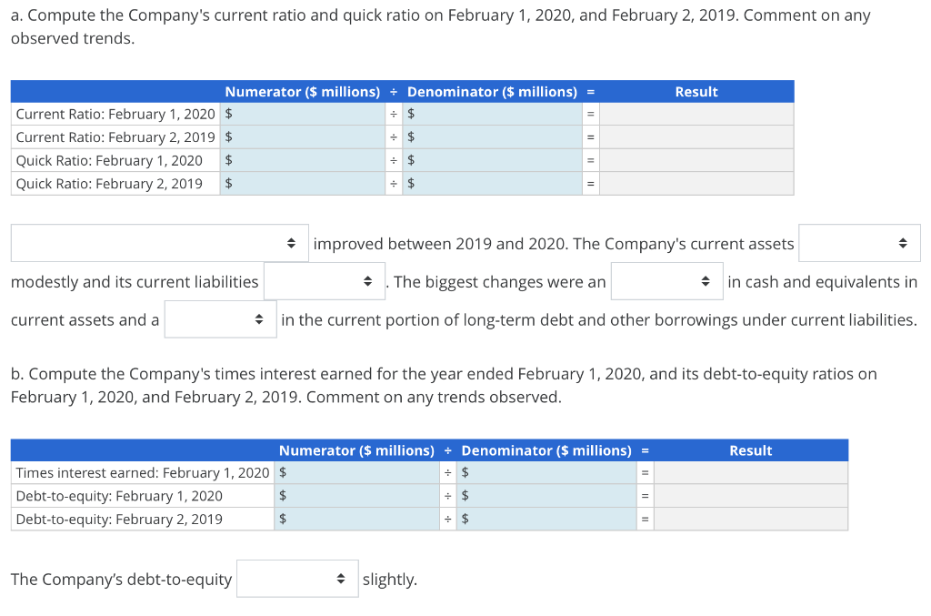 Solved (\$ Millions) Feb. 1, 2020 Feb. 2, 2019 Assets Cash 