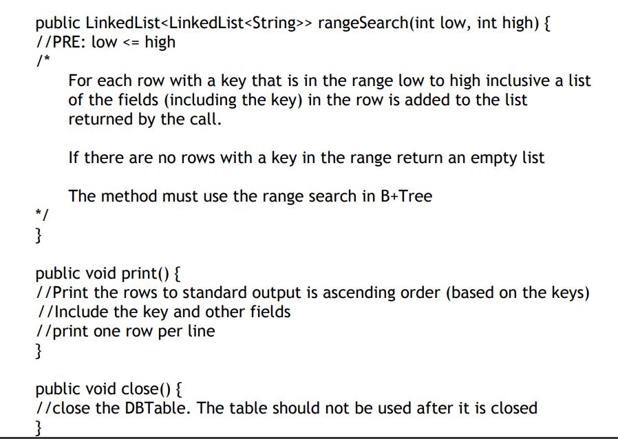 Solved Implement the DBTable and the BTree classes shown on | Chegg.com