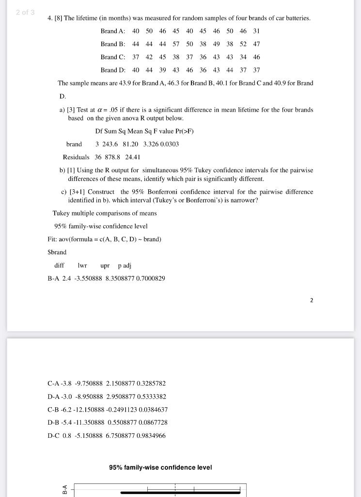 Solved 4. [8] The lifetime (in months) was measured for | Chegg.com