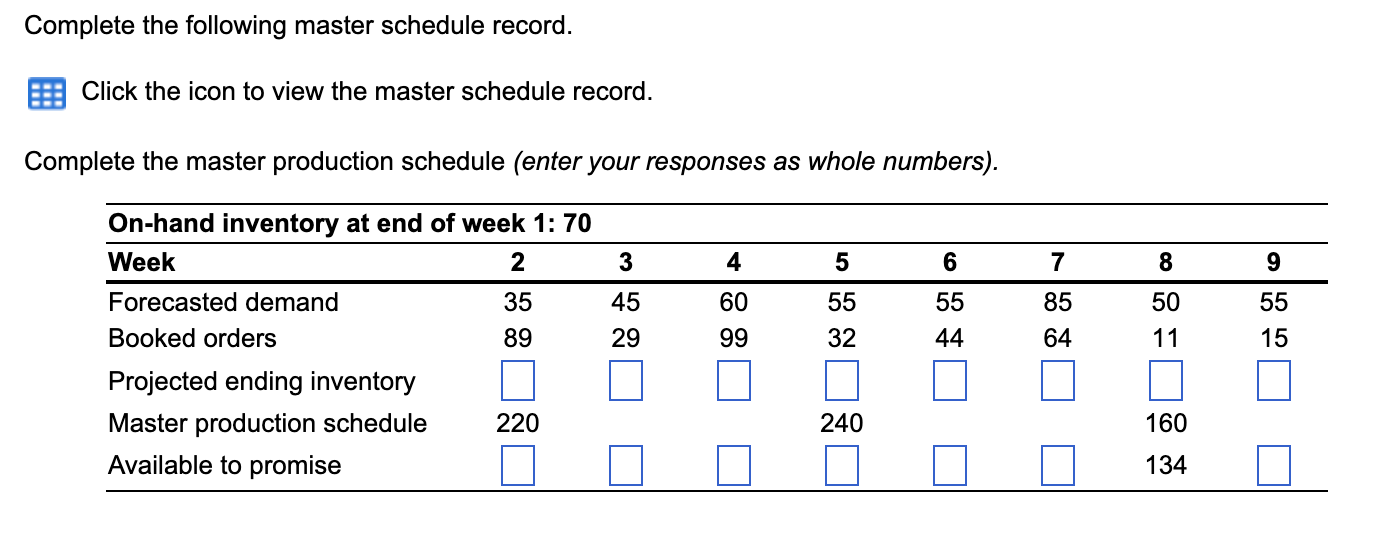 Complete the following master schedule record.
Click the icon to view the master schedule record.
Complete the master product