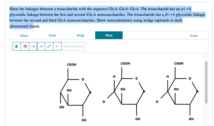 Show the linkages between a trisaccharide with the sequence GlcA-GlcA-GlcA. The trisaccharide has an \( \alpha 1 \rightarrow 