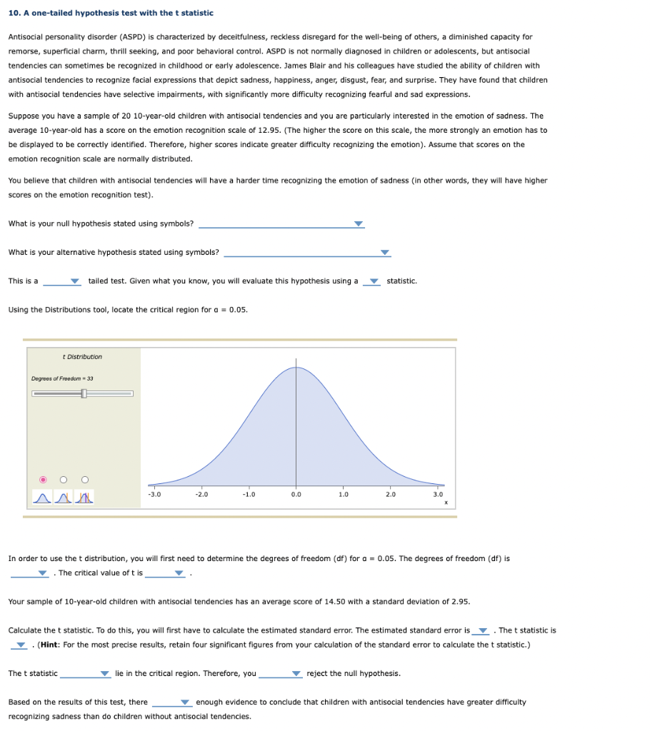 Solved 10. A one-tailed hypothesis test with the t statistic | Chegg.com