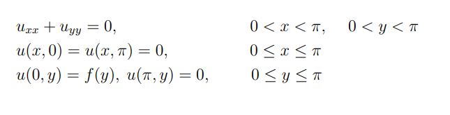 Solved uxx+uyy=0,u(x,0)=u(x,π)=0,u(0,y)=f(y),u(π,y)=0,0 | Chegg.com
