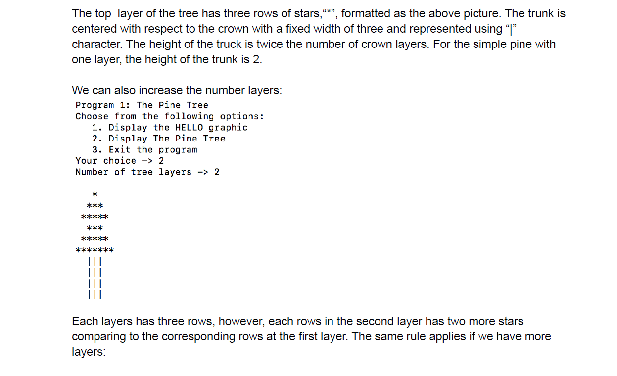 The top layer of the tree has three rows of stars, \( { }^{\prime *} \) , formatted as the above picture. The trunk is cente
