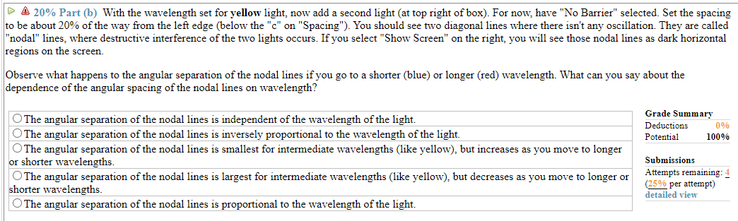 Solved A 20% Part (b) With the wavelength set for yellow | Chegg.com