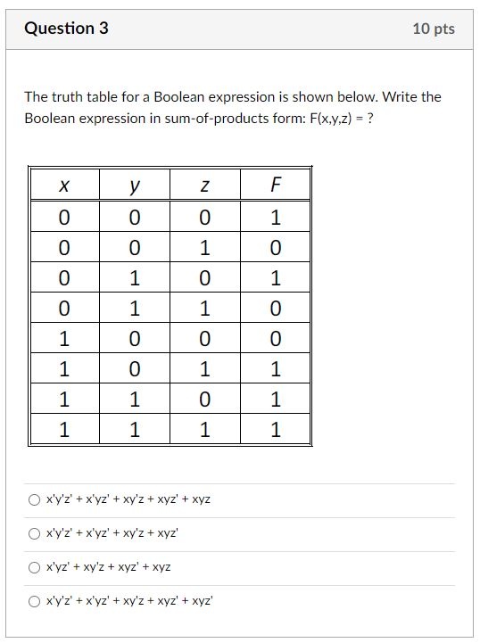 Question 3 10 Pts The Truth Table For A Boolean Chegg Com