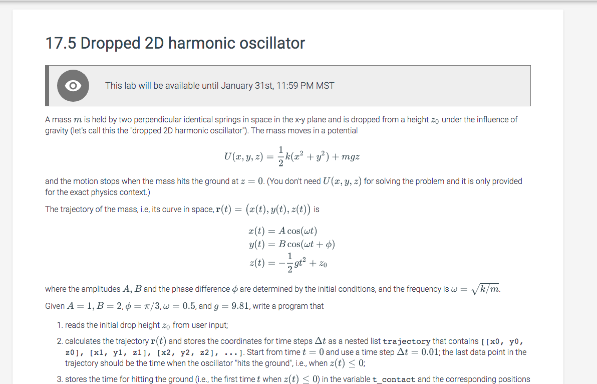 17.5 Dropped 2D harmonic oscillator This lab will be